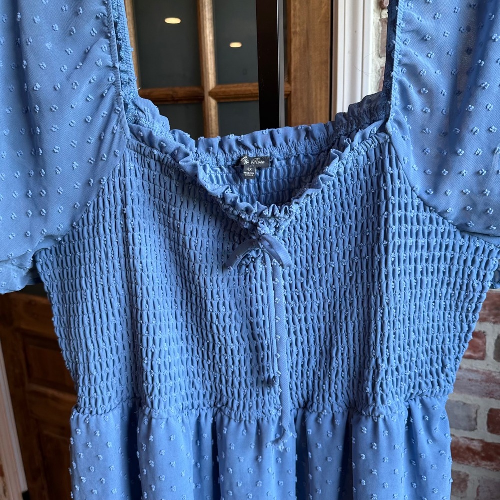 Lily Rose Dress Women 3X Blue Swiss Dot Smocked Puff Sleeve Ruffle Hem Mini Boho - Picture 3 of 10